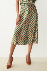 Kelmore Skirt Green And Sand Wave Print Silk Satin Kelmore Skirt Green And Sand Wave Print Silk Satin