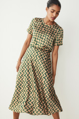 Kelmore Skirt Green And Sand Wave Print Silk Satin Kelmore Skirt Green And Sand Wave Print Silk Satin