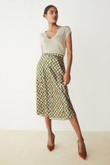 Kelmore Skirt Green And Sand Wave Print Silk Satin Kelmore Skirt Green And Sand Wave Print Silk Satin