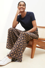 Balerno Elasticated Waist Navy And Hazelnut Geo Print Palazzo Trousers Balerno Elasticated Waist Navy And Hazelnut Geo Print Palazzo Trousers