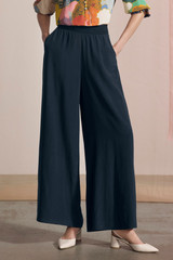 Balerno Elasticated Waist Palazzo Trousers Navy Silk