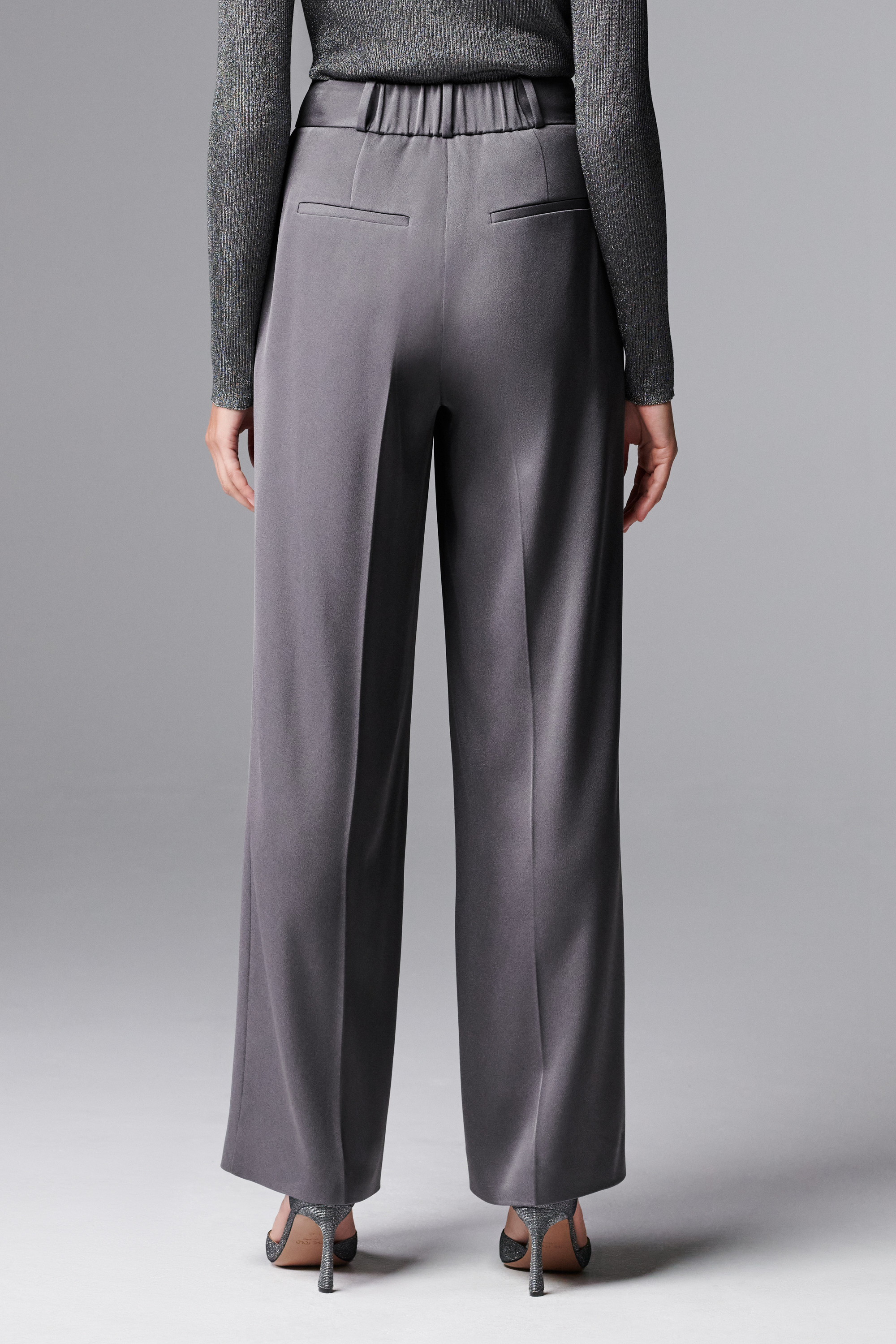 Leda Wide-Leg Trousers Dark Silver Satin - Welcome to the Fold LTD