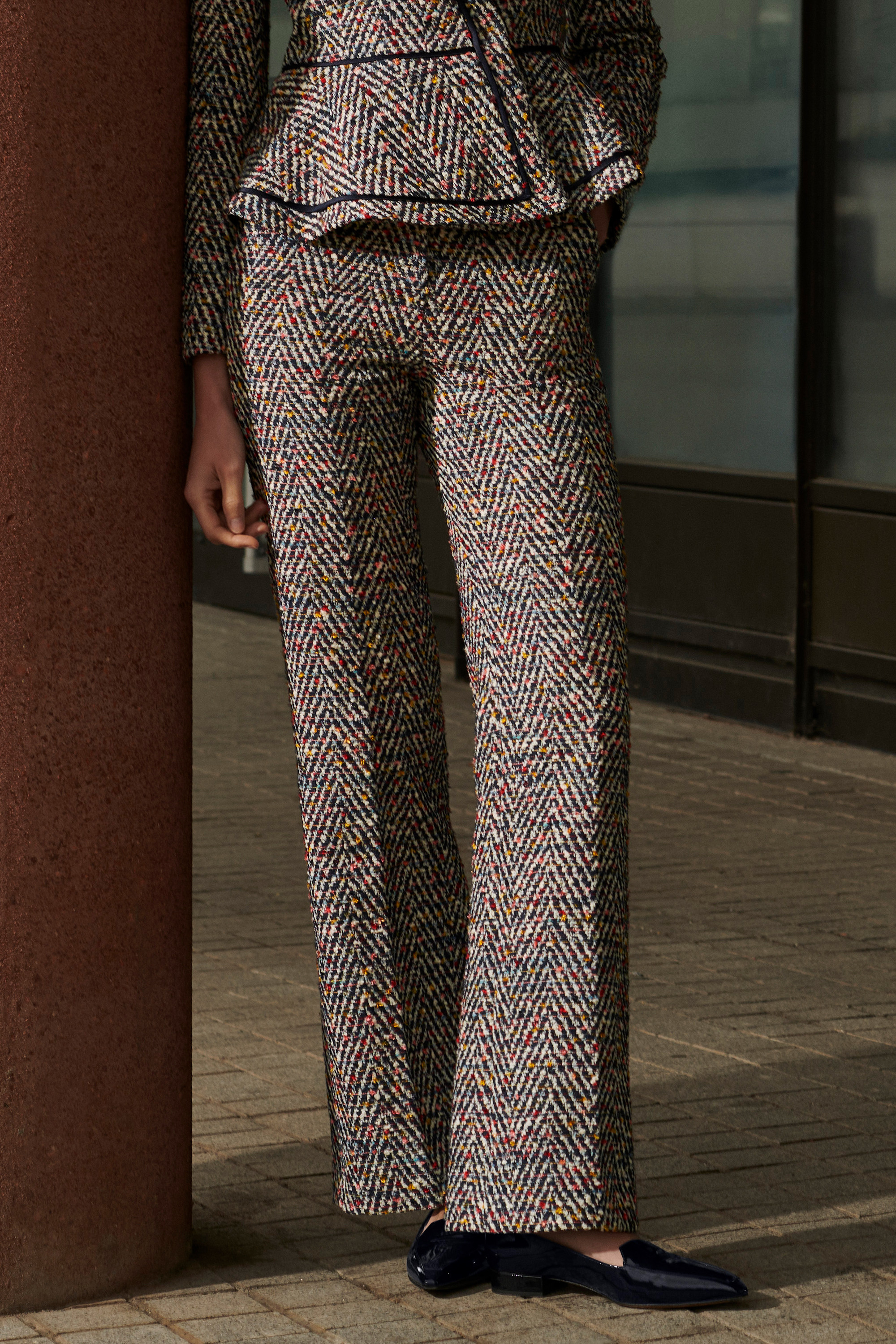 Alzira Straight Flared Trousers Navy And Ivory Tweed - Welcome to