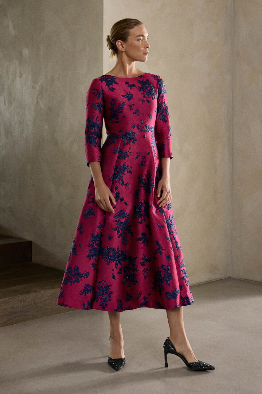 Adelfia Jacquard Midi Dress Fuchsia And Navy - Welcome to the Fold LTD