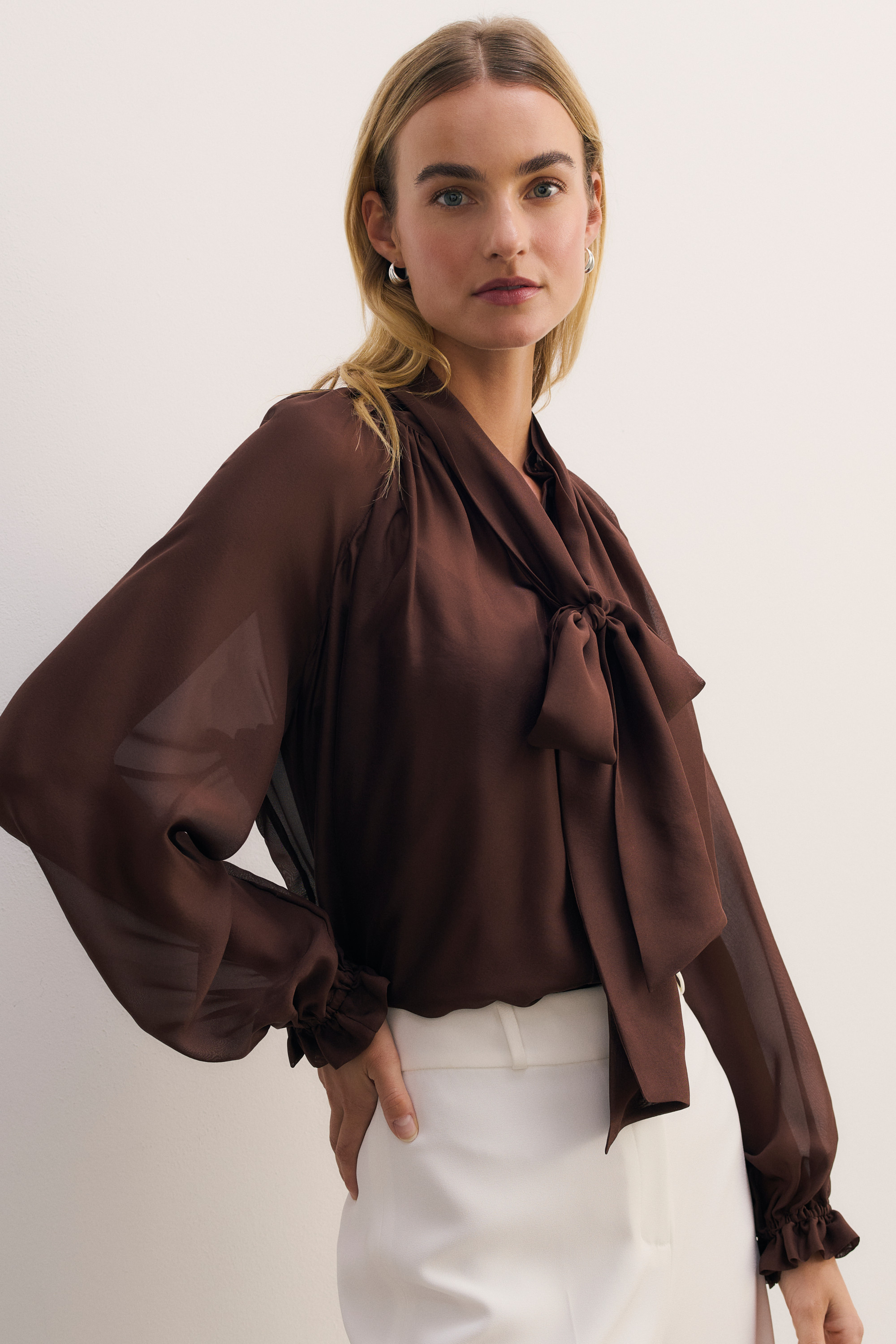 Riola Silk Chiffon Blouse Chocolate - Welcome to the Fold LTD