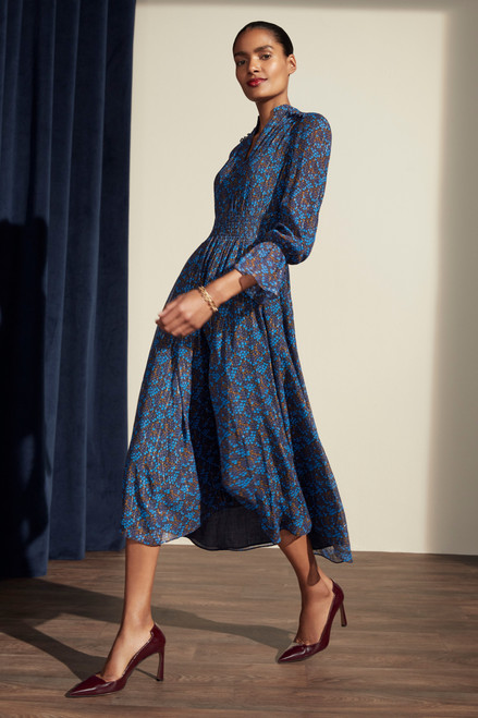 Vieste Dress Navy Multicolour Ditsy Floral Print Crinkled Silk Georgette