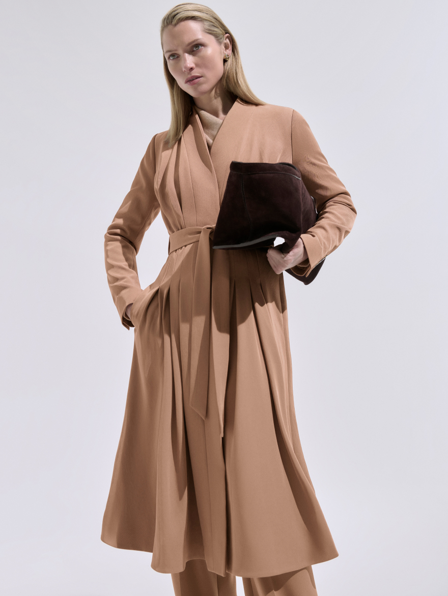 Model wearing camel Cervo coat