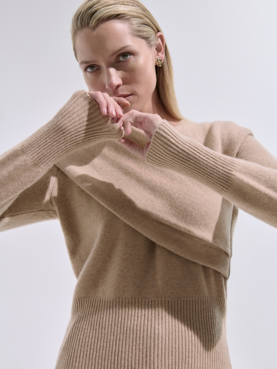 Model wearing light fawn Cetona sweater