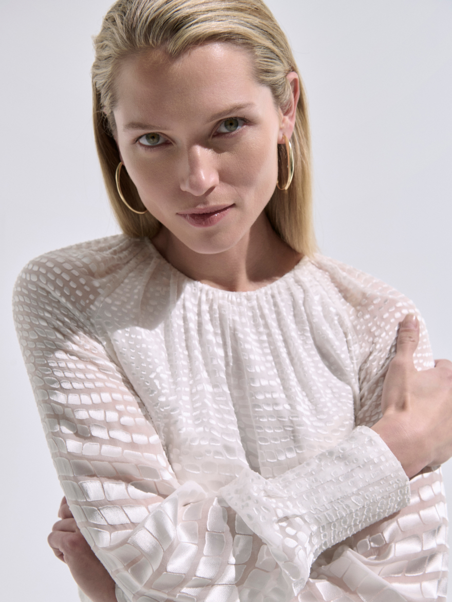 Model wearing Oscan Devore Blouse
