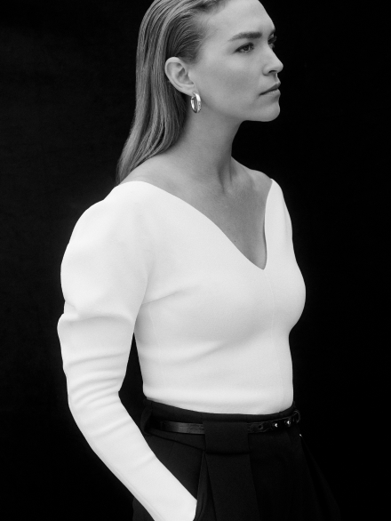Model wearing ivory Bouverie top