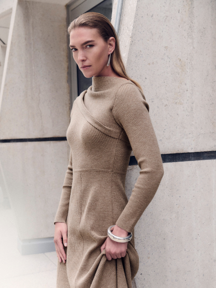 Model wearing fawn Ferno dress