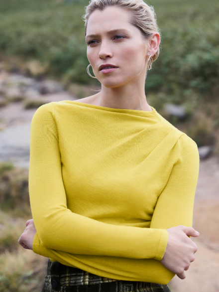 Model wearing citrine jumper
