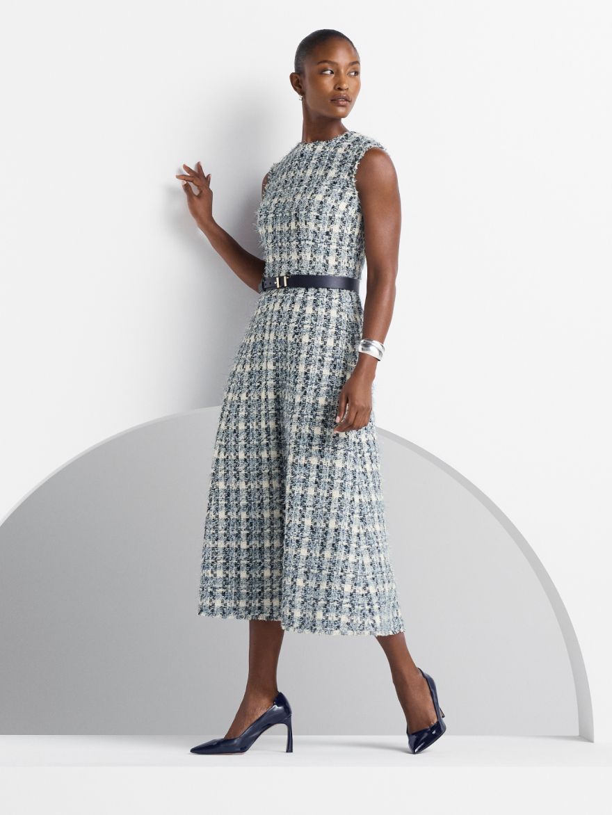 Model wearing tweed dress