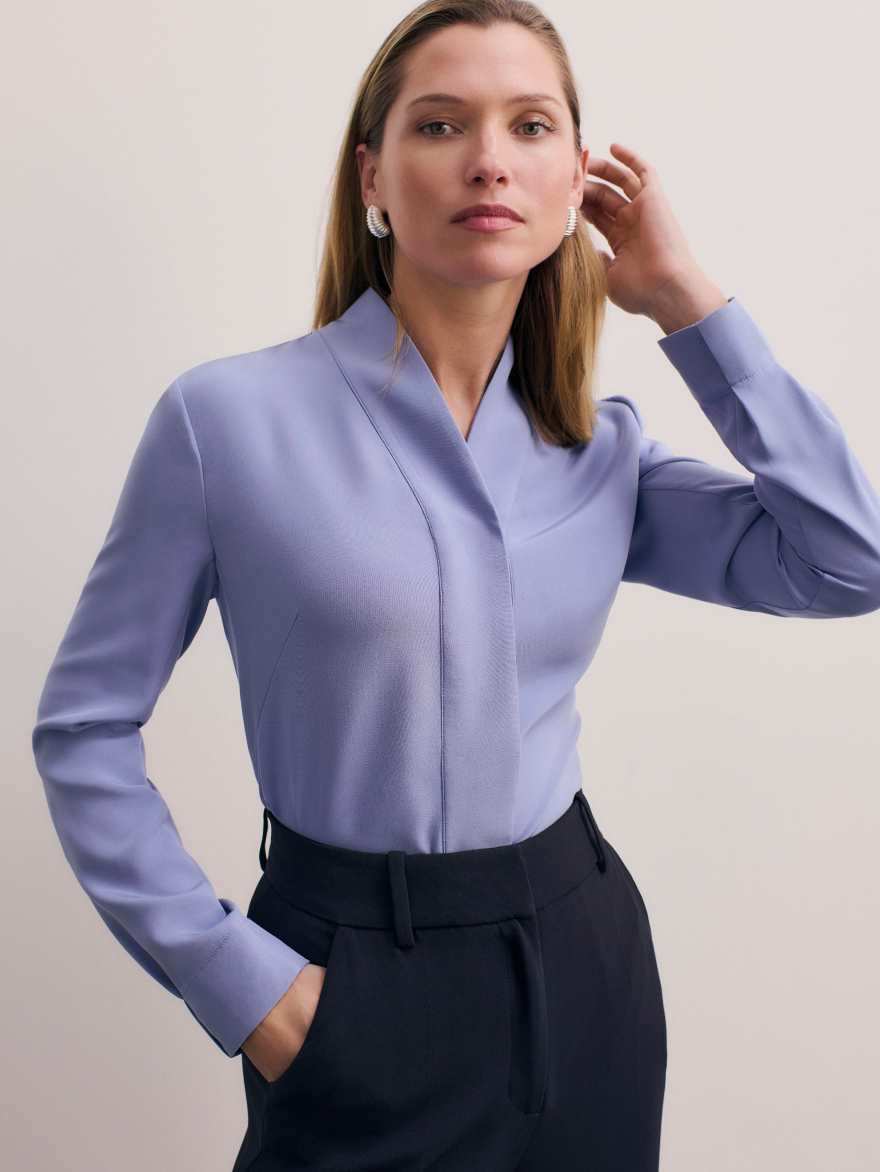 Model wearing chalk blue Bowery blouse