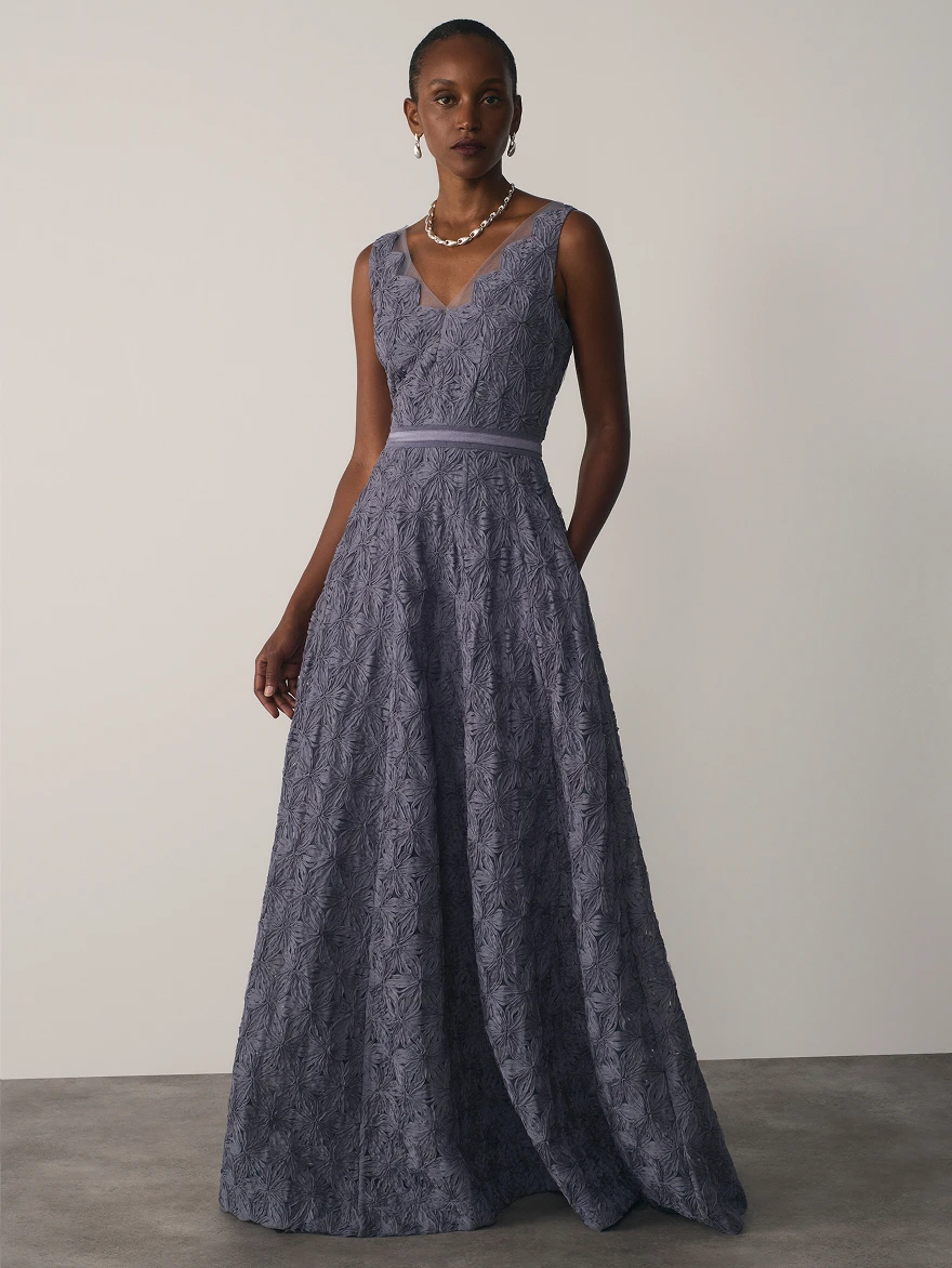 Grey Lorenne Embroidered Lace Gown