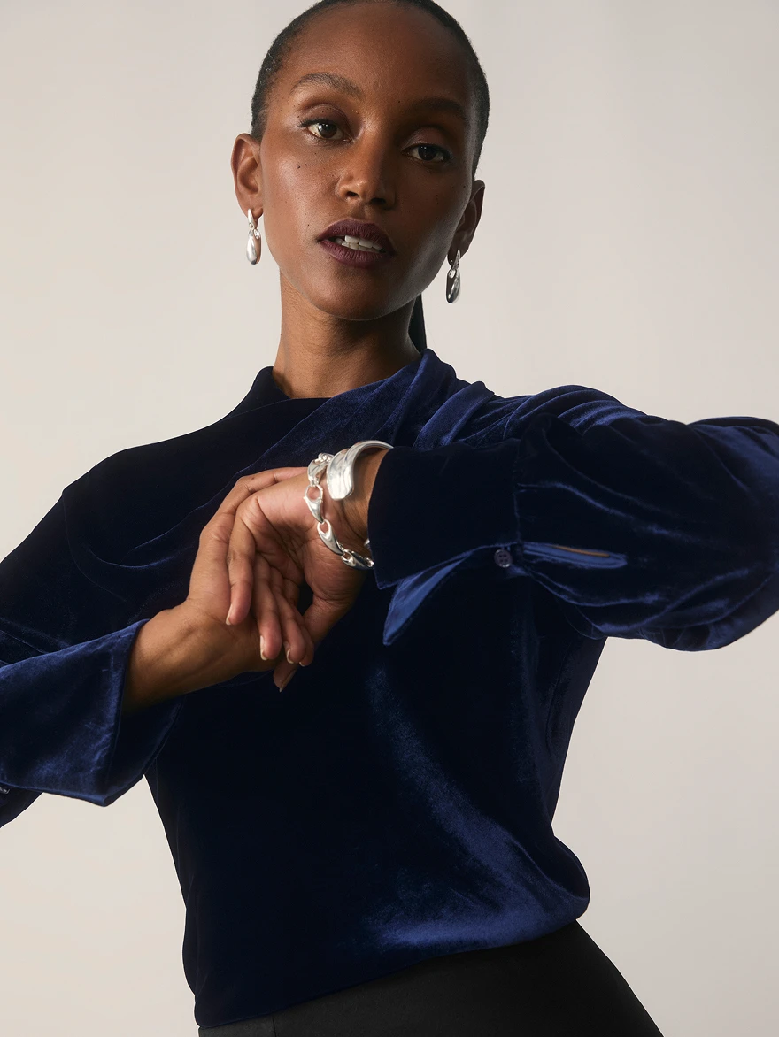 Ocana Navy Velvet Long Sleeve Blouse