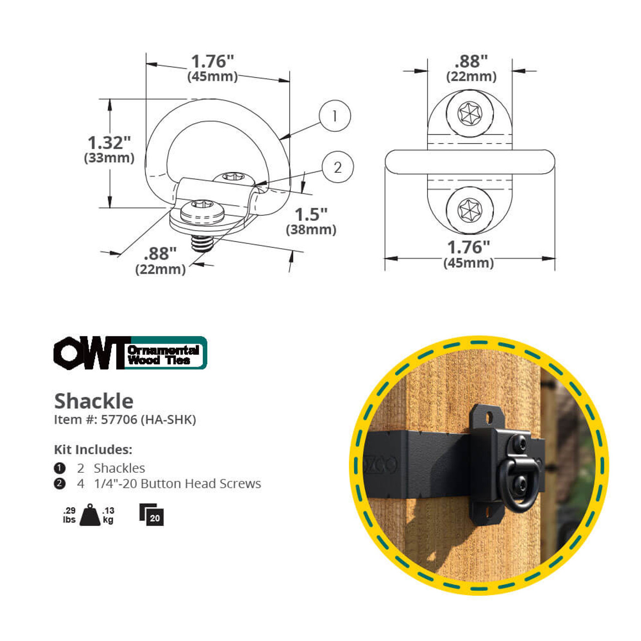 OZCO Ornamental Wood Ties (OWT) Hardware Shackle Ring Dimension Drawing