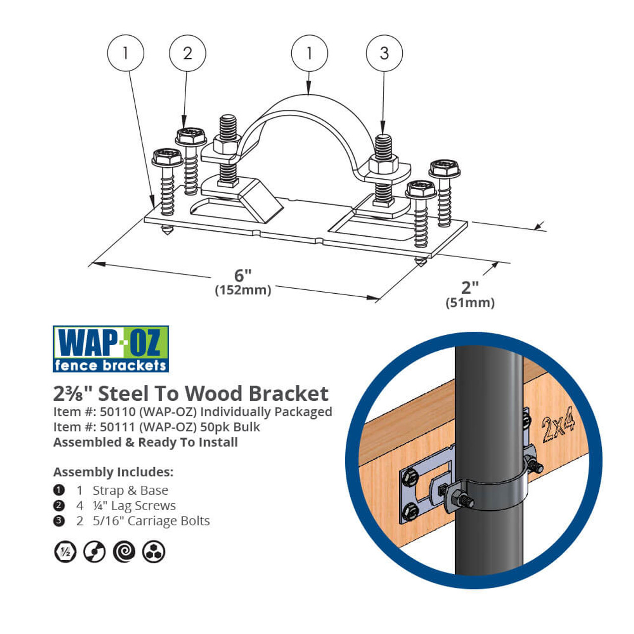 WAP-OZ 2-3/8" Steel to Wood Fence Bracket Dimension Drawing