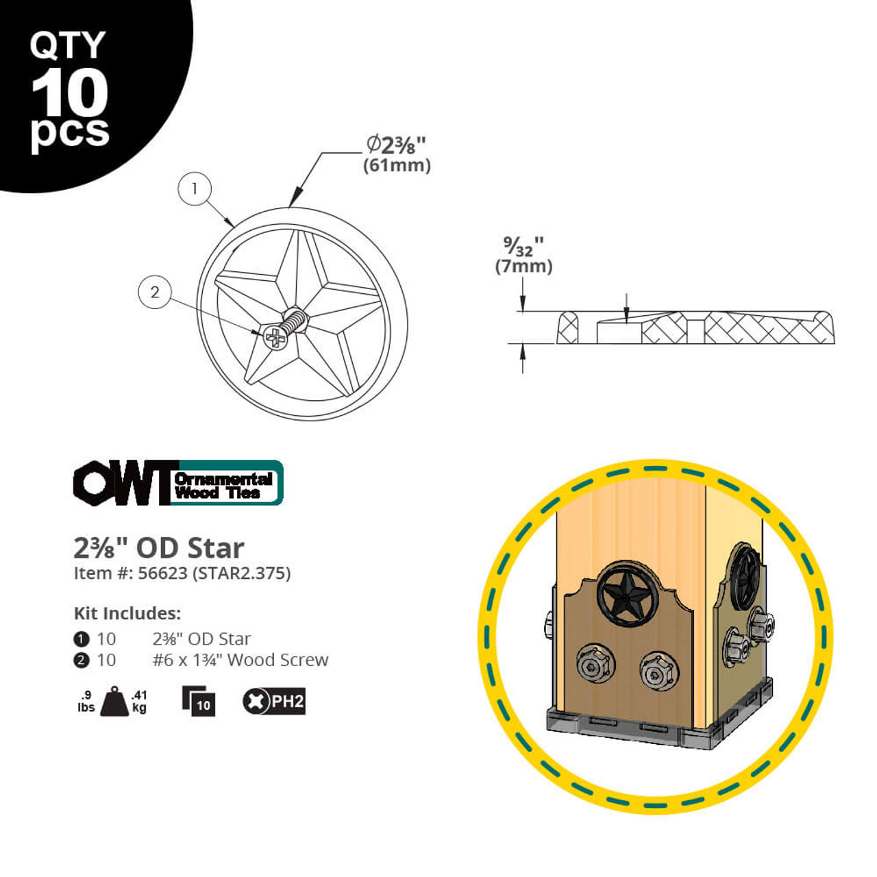 OZCO OWT 2-3/8" Decorative Metal Stars - Dimension Drawing