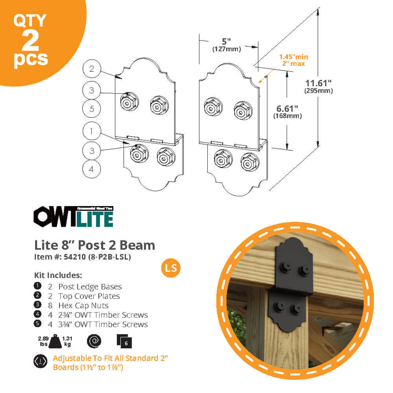 OZCO OWT-Lite 8-P2B-LSL 8" Post to Beam Connector - Dimension Drawing