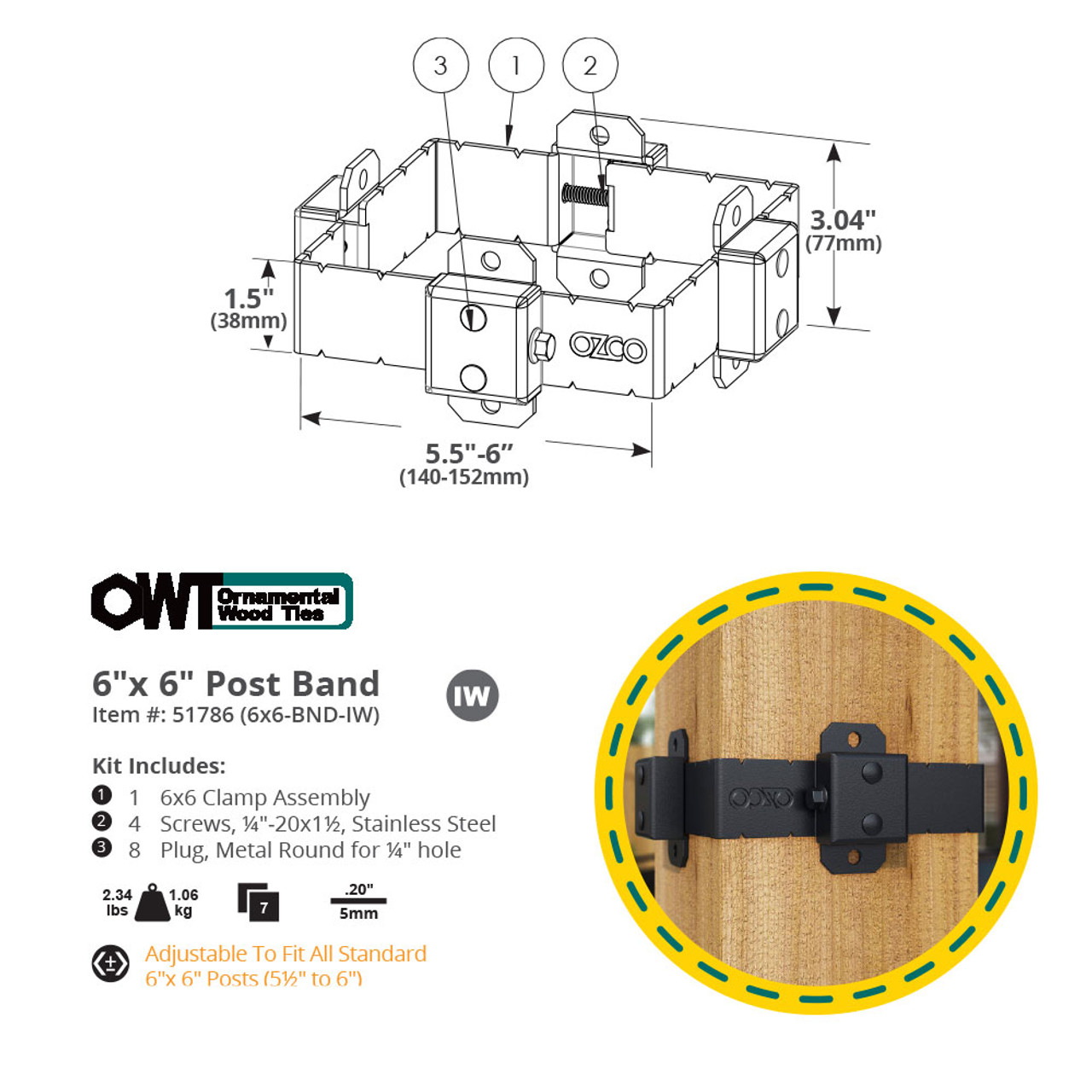 6 x 6 OZCO OWT Ironwood Post Band Spec Drawing