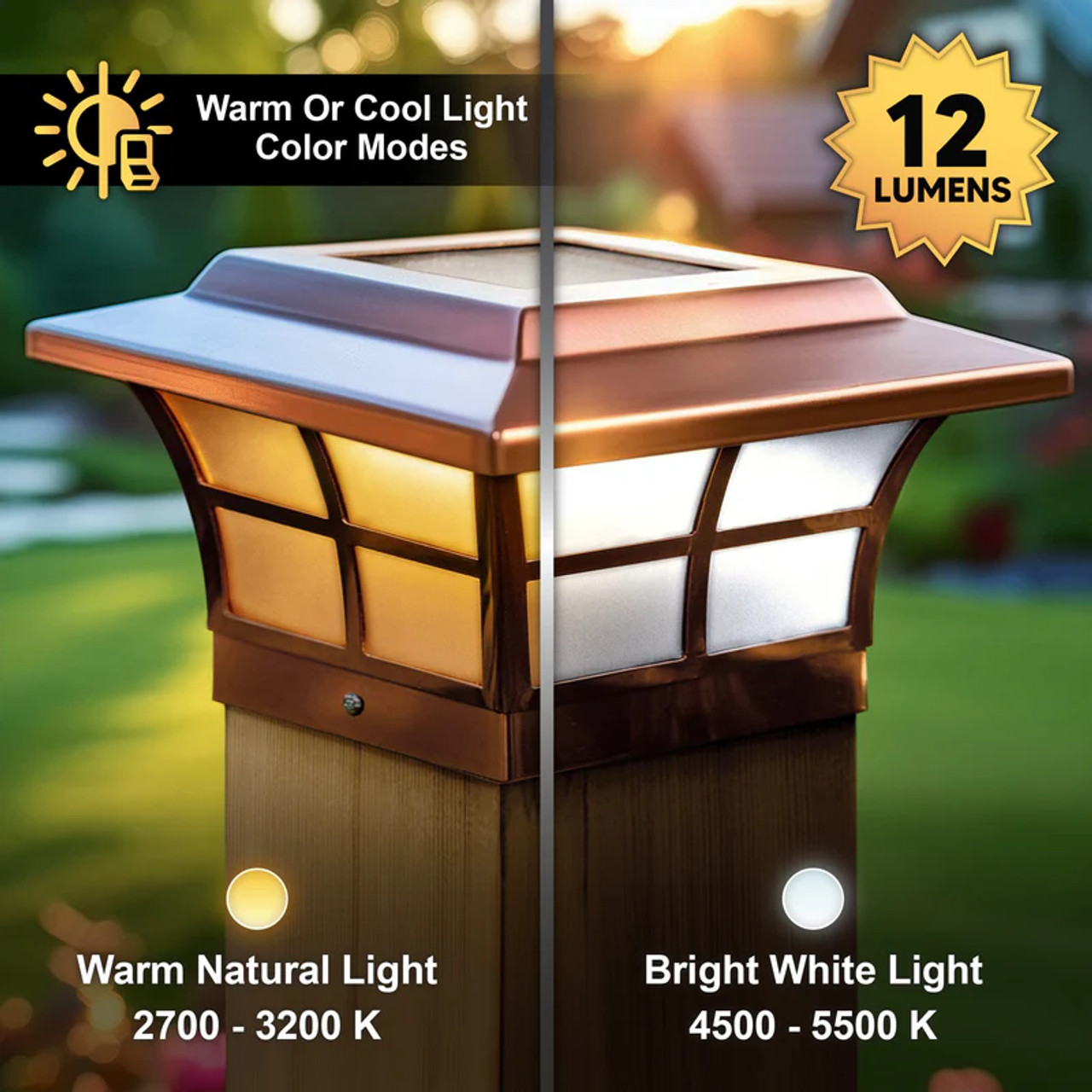 Prestige Copper Plated Solar Post Cap with Dual Lighting Modes - Warm Natural Light & Bright White