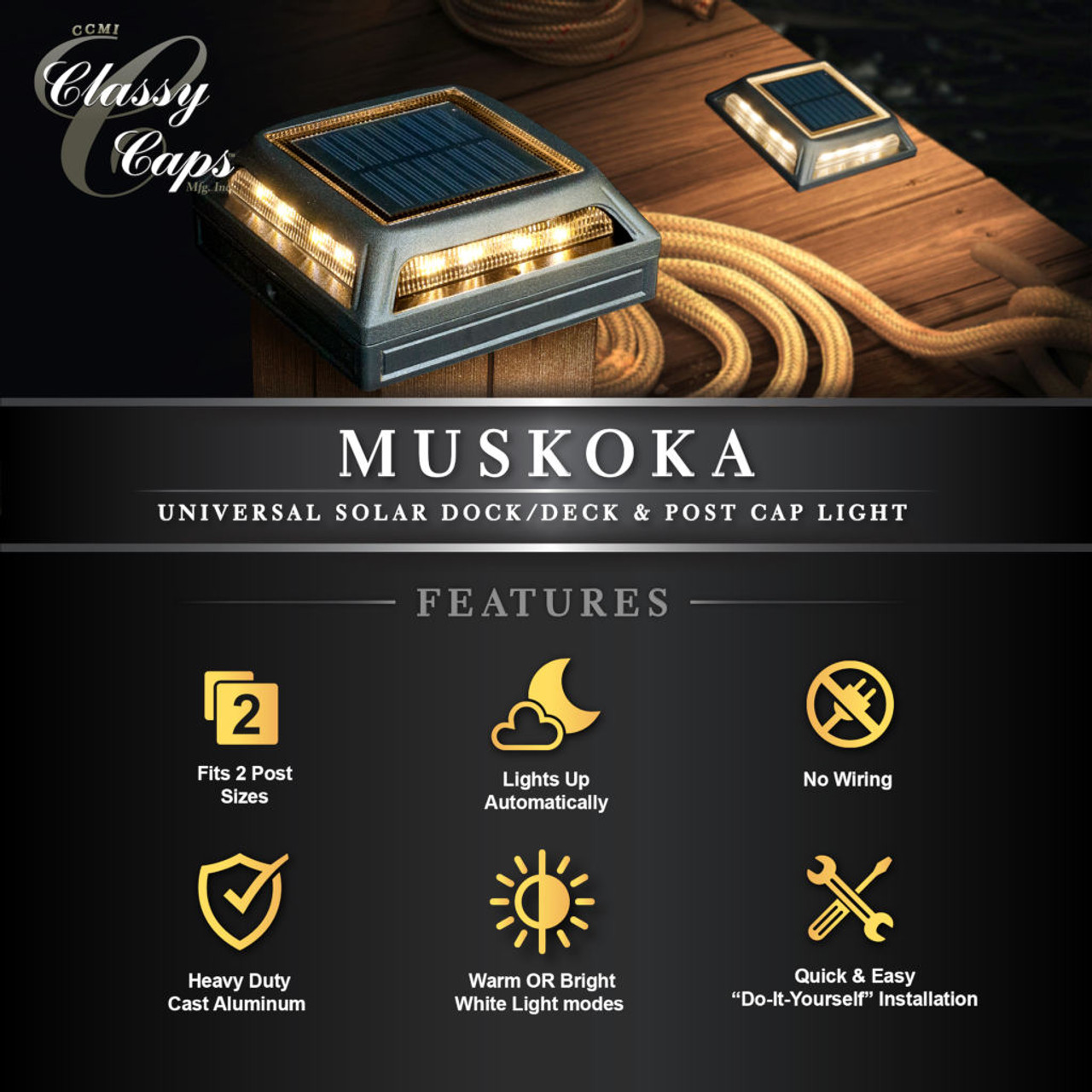 Muskoka Black Aluminum Solar Post/Path/Dock Light by Classy Caps Features