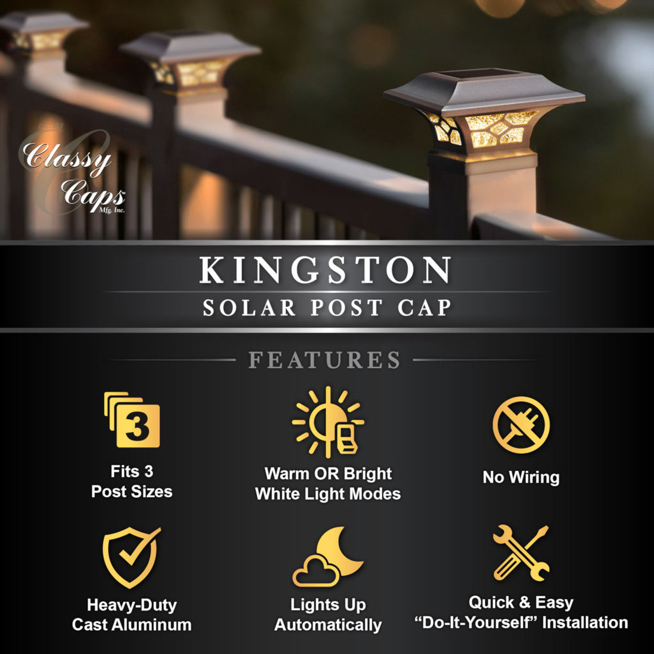 Classy Caps White Kingston Dual Lighted Solar Post Cap - Features