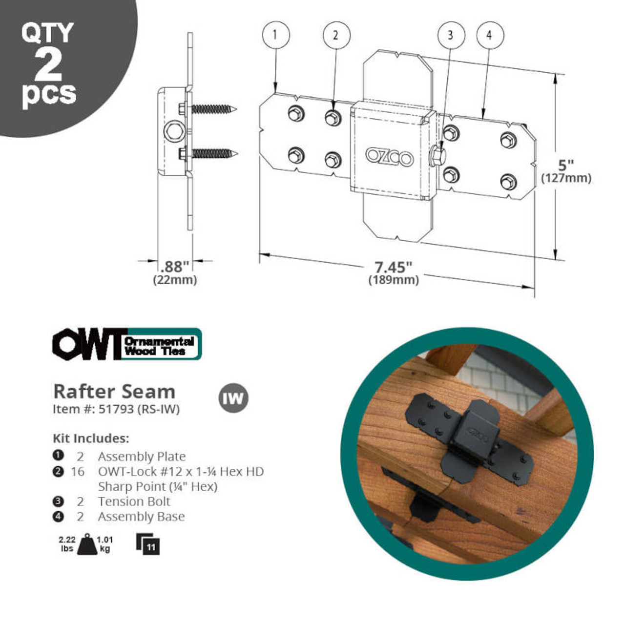 OWT Ironwood Rafter Seam by OZCO OWT Hardware  - Dimension Illustration