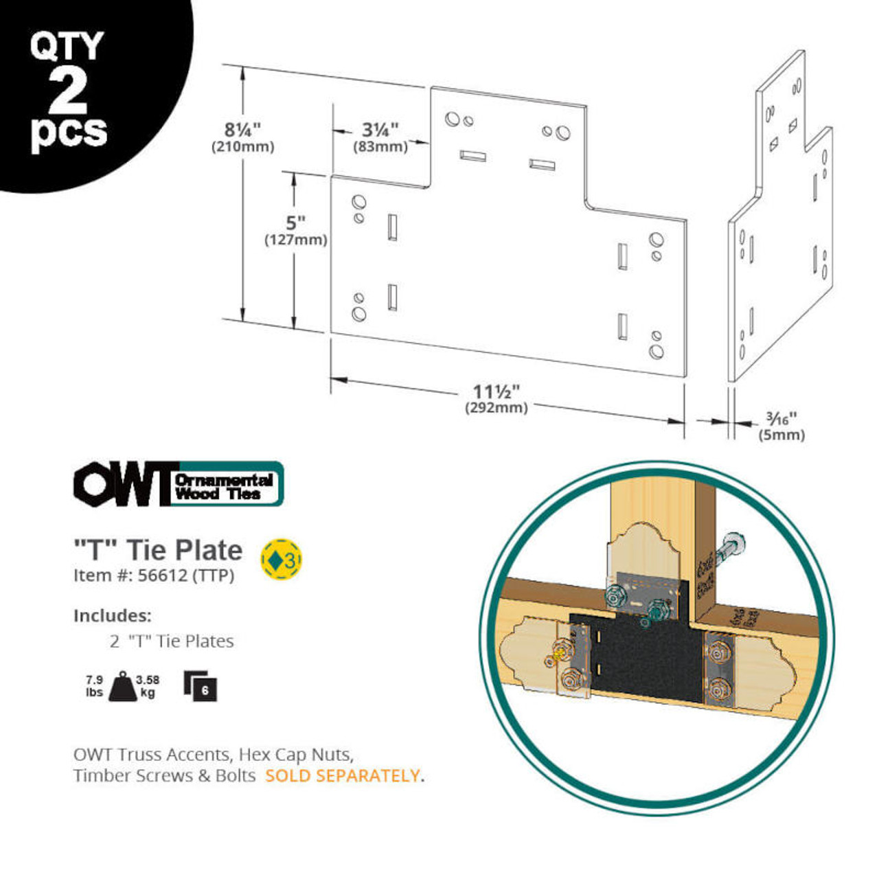 OZCO OWT Ironwood 6" T Tie Truss Connector - Dimension Illustration