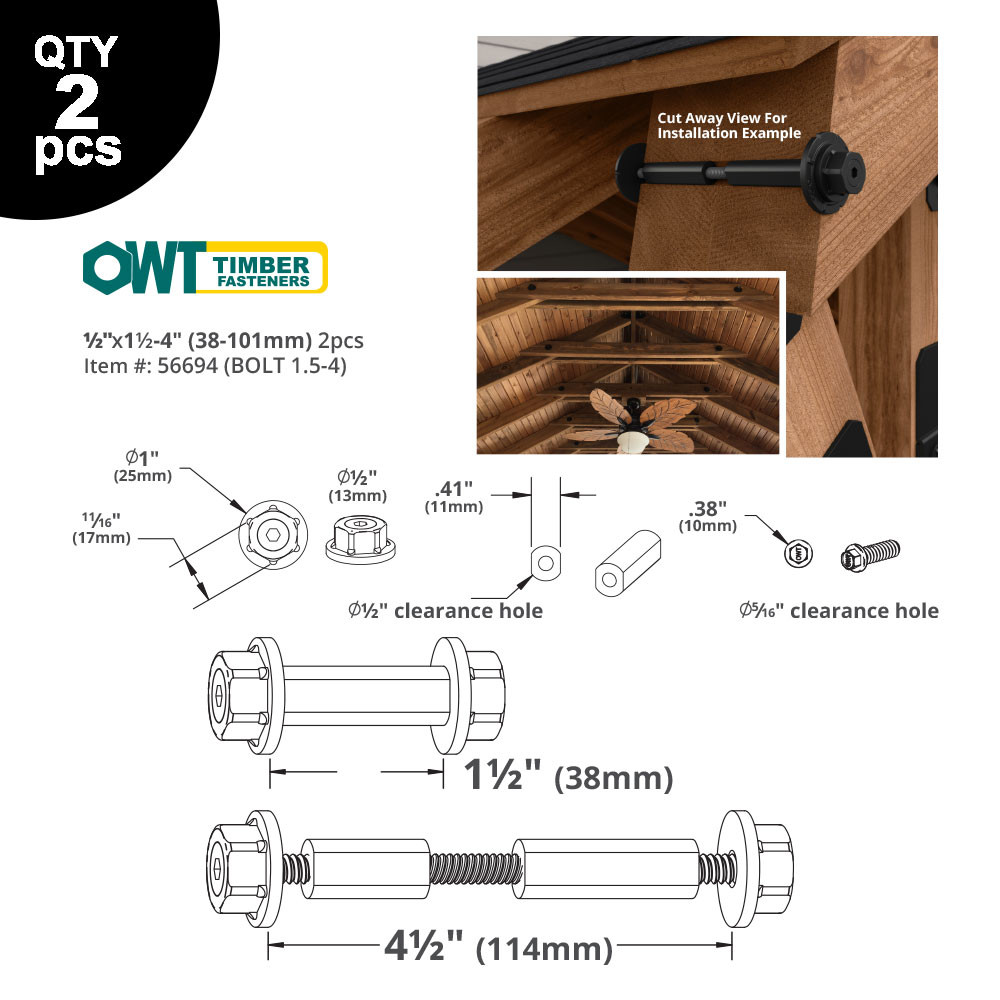 OZCO OWT 1/2" Timber Bolts - Specification Drawing
