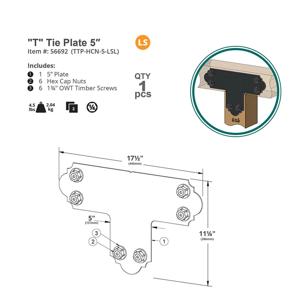 OZCO OWT LITE Laredo Sunset 5" T Truss Tie Plate Connector w/ Hex Cap Nuts - Specifications Drawing