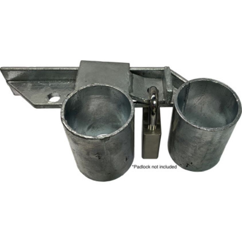 Fence-Loc FL200 Heavy Duty Permanent Double Drive Industrial Gate Latch with Pad Lock (not included) installed.