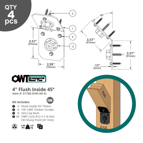 Information Sheet for OZCO Ornamental Wood Ties Ironwood 4" Flush Inside 45-Degree Bracket