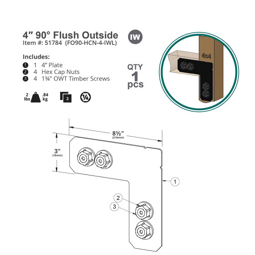 4" OWT Ironwood 90-Degree Flush Outside Connector from OZCO Building Products - Dimension Drawing