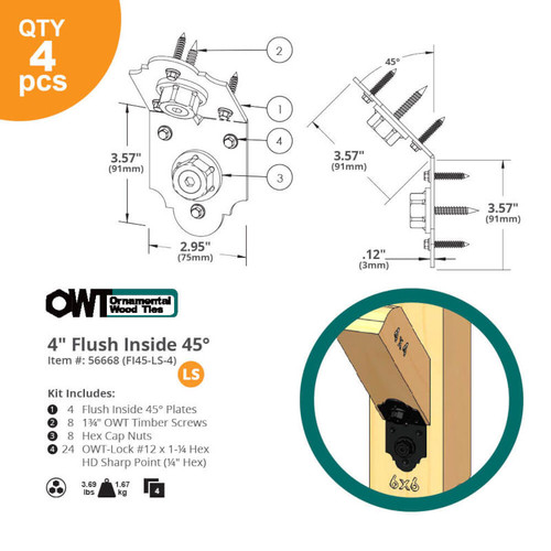 OZCO OWT Laredo Sunset 4" Flush Inside 45 Angle Brackets - Dimension Illustration