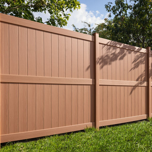 Catalyst Newbury Fence Installed in Yard - Sierra Blend TimberGrain