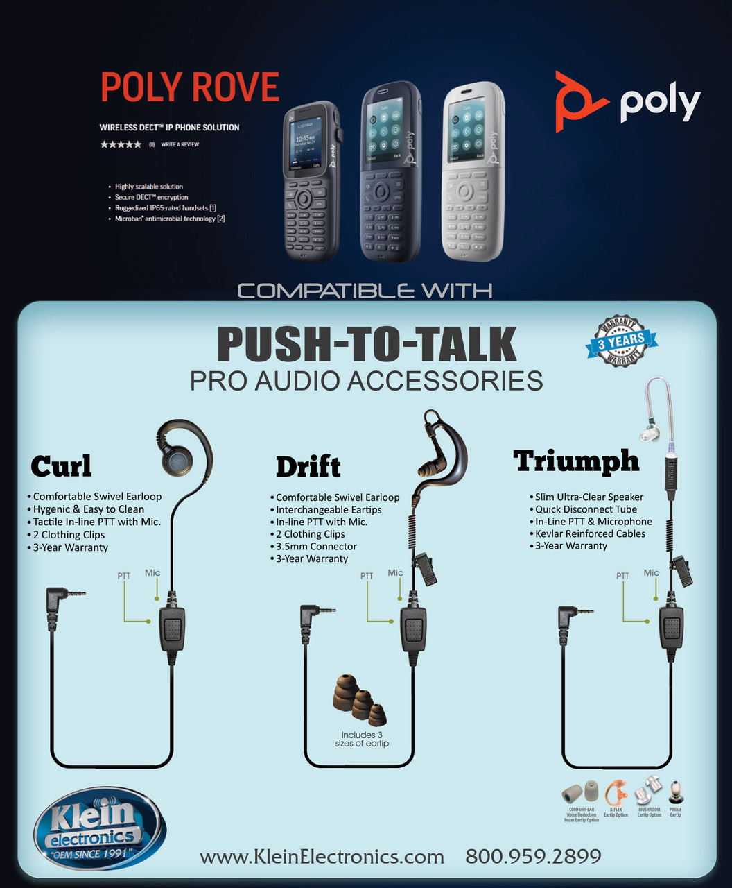 TRIUMPH 1-Wire PTT Earpiece with 3.5mm Connector For Poly Rove