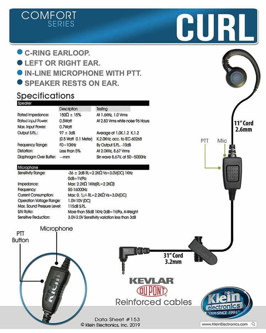CURL 1-Wire PTT Earpiece (3.5mm connector) - Poly Rove [[product_type]] kleinelectronics.com 54.95