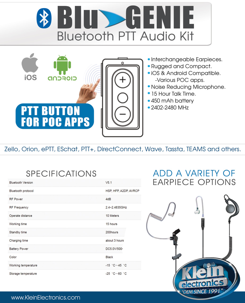 Blu-Genie - Bluetooth Push-to-Talk (PTT) Audio Kit