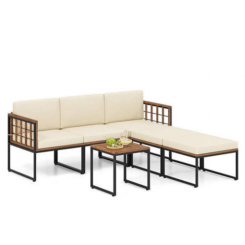 6 Pieces Acacia Wood Patio Furniture Set with Coffee Table and Ottomans-Beige - Color: Beige