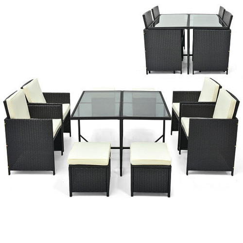 9 PCS Outdoor Dining Furniture Set with Tempered Glass Table and Ottomans-White - Color: White