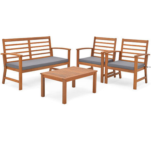 4 Pieces Outdoor Furniture Set with Stable Acacia Wood Frame-Gray - Color: Gray
