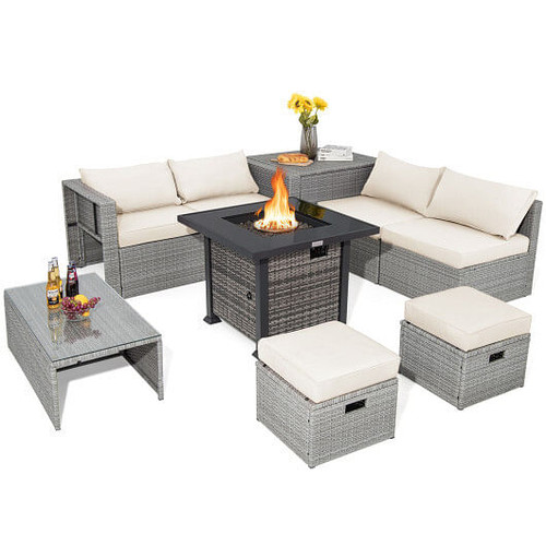 9 Pieces Outdoor Patio Furniture Set with 32-Inch Propane Fire Pit Table-Off White - Color: Off Whi