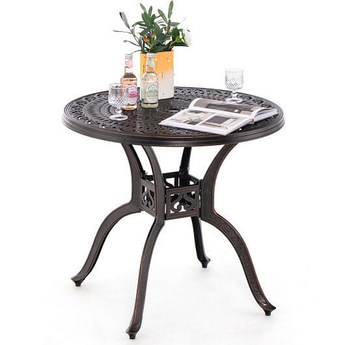 31.5" Cast Aluminum Table Patio Round Dining Table with Umbrella Hole-Copper - Color: Copper