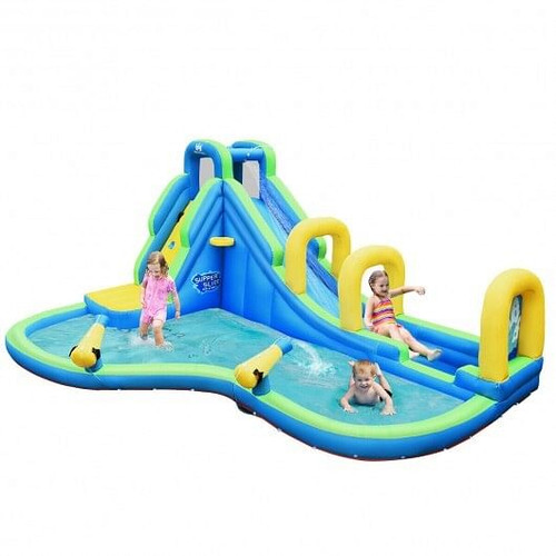 Inflatable Water Slide Kids Bounce House with Water Cannons and Hose Without Blower - Color: Blue