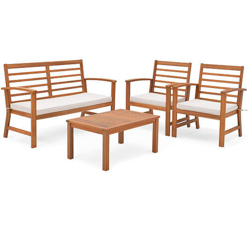 4 Pieces Outdoor Furniture Set with Stable Acacia Wood Frame-Beige - Color: Beige