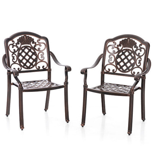 Patio Cast Aluminum Dining Chairs Set of 2 Metal Armchairs Stackable-Copper - Color: Copper