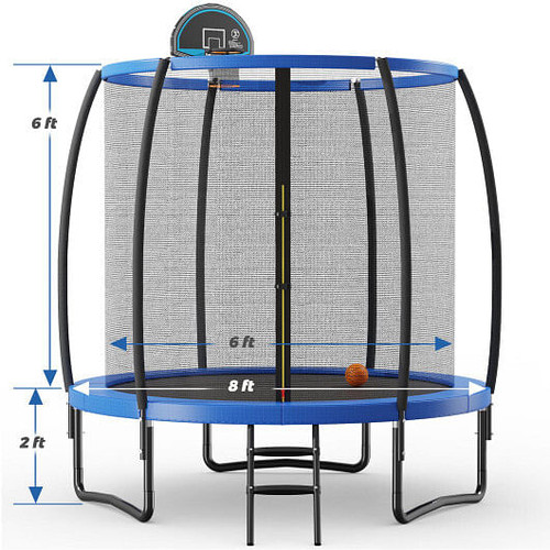 8 Feet Recreational Trampoline with Basketball Hoop and Net Ladder - Color: Blue - Size: 8 ft