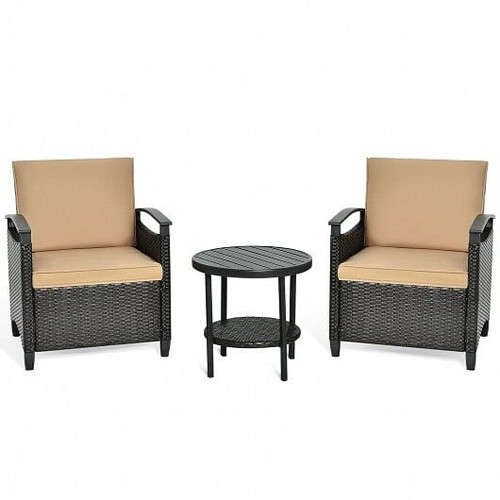 3 Pieces Patio Rattan Furniture Set Cushioned Sofa Storage Table with Shelf Garden